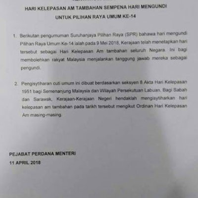 9 Mei Diisytiharkan Hari Kelepasan Am Untuk Mengundi Pru14